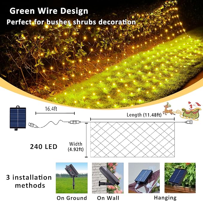 11.5ft x 5ft Solar Net Lights Outdoor, Solar & USB 2 Power Way 240 LED Waterproof Mesh Lights for Bushes, Remote Control 8 Modes String Light Trees Patio Garden Christmas Indoor Decor (Warm White)