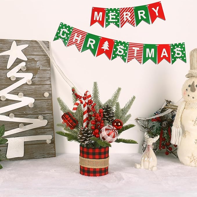 Super Holiday Small Winter Buffalo Check Plaid Christmas Tree, Artificial Mini Tabletop Christmas Tree Decorations with Xmas Ornaments, for Home Party Thankgivings Decor, Red/Black-Indoor
