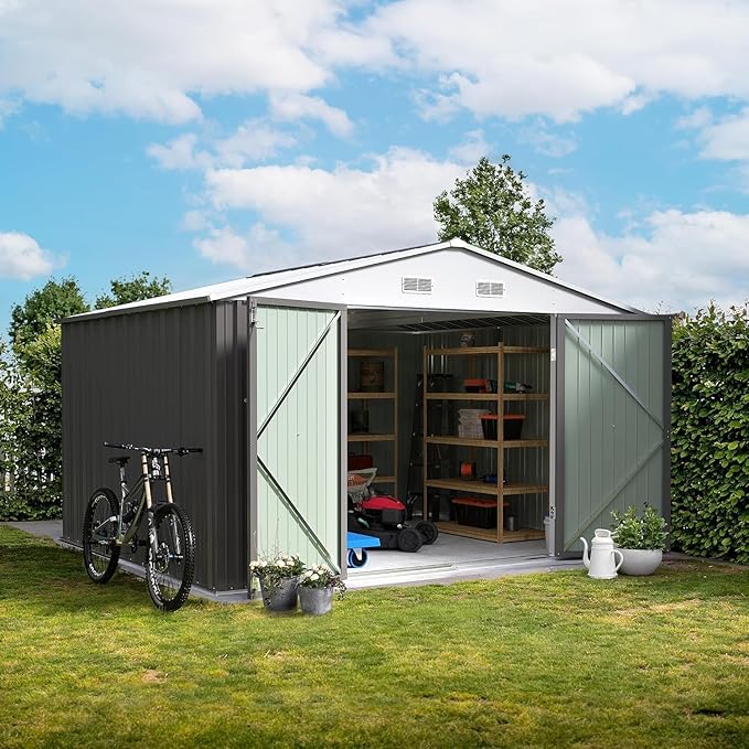 Furniwell 10x8 FT Outdoor Storage Shed, Metal Garden Sheds Outdoor Storage House with Single Lockable Door for Backyard Patio Lawn, Gray