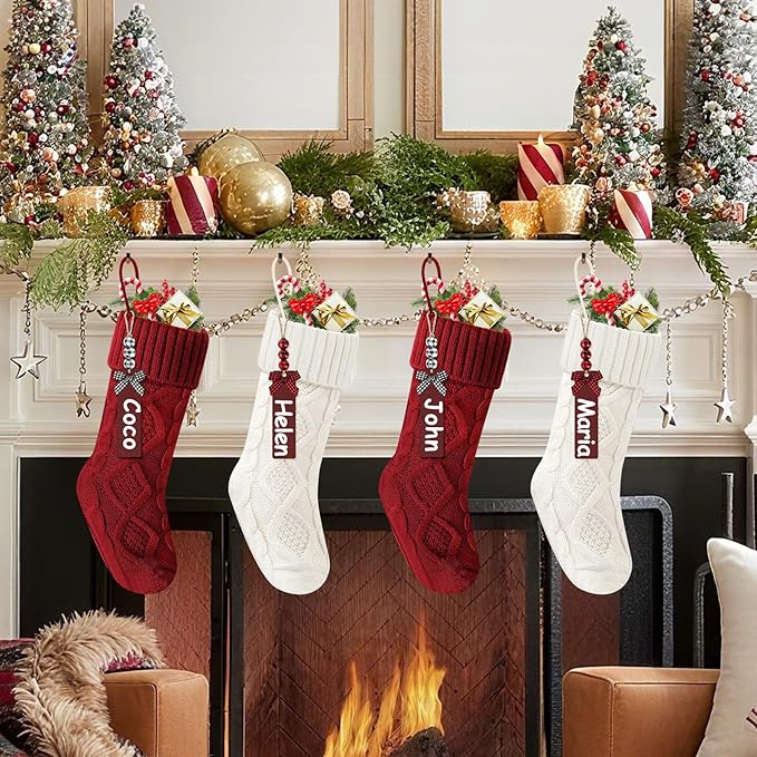 Christmas Stockings 18 Inches,Long Knitted Stocking with Name Tags, Christmas Decoration Hanging Stockings Fireplace Xmas Tree Ornaments for Home Family