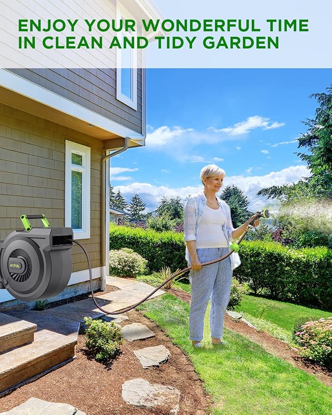 Retractable Garden Hose Reel, 1/2 Inch x 100 ft + 6 ft Wall Mount Hose Reel with Automatic Slow Rewind System, Any Length Lock, 10 Patterns Hose Nozzle, 180¡ÆSwivel Bracket, for Garden Watering