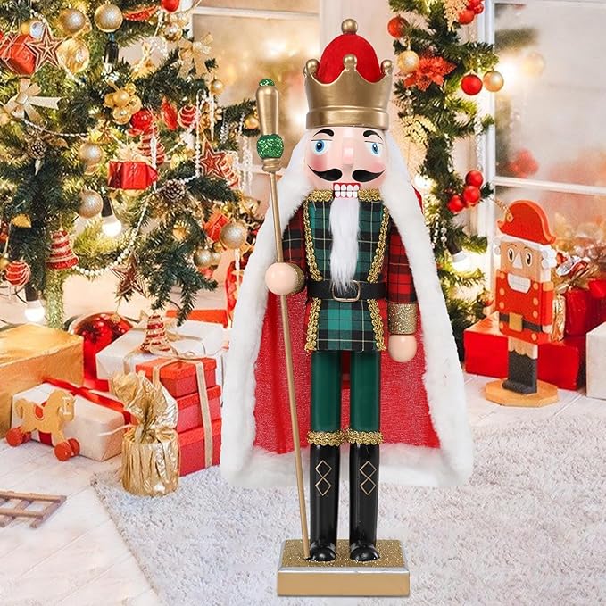 Christmas Nutcracker Decorations Nutcracker Figure 15 Inch Wooden Nutcrackers Collectible Ornament Nutcrackers Soldier for Table Desktop Home Christmas Decor Xmas Indoor Decor Checked clothes Red cape