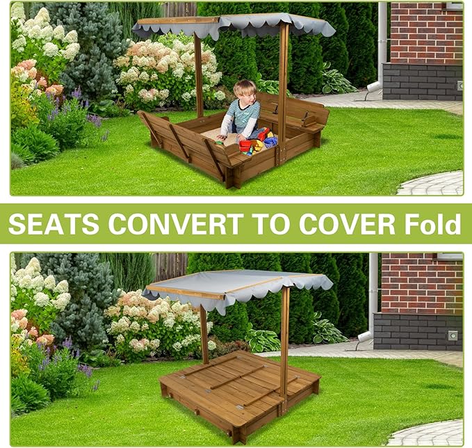 PetsCosset Wooden Sandbox with Lid, Kids Sandbox with Cover Outdoor, with 2 Foldable Bench Seats for Backyard (47x47in), UV-Resistant & Adjustable Height Roof, Gift for Ages 2-8