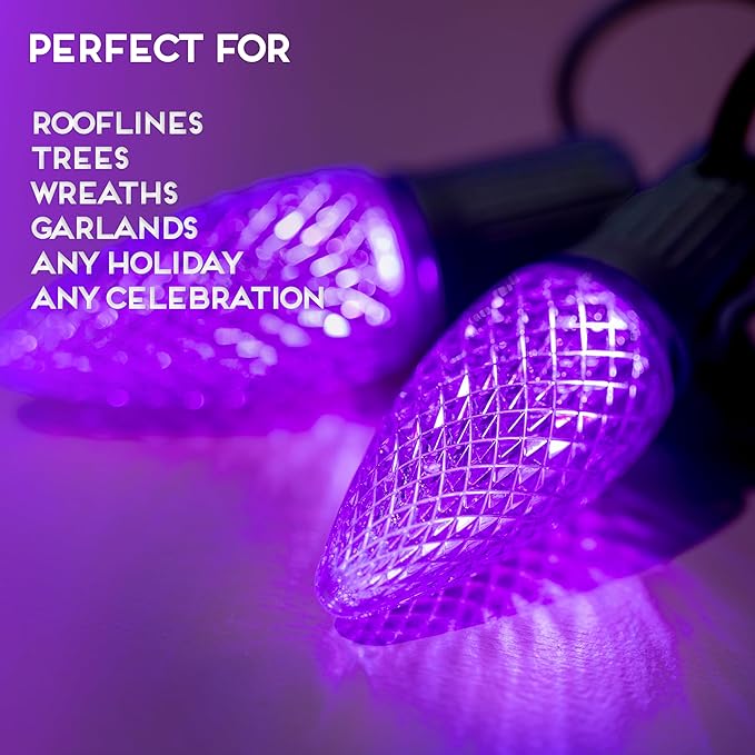HLO Lighting Set of 25 Purple c9 Faceted LED Christmas Light Bulbs for Indoor & Outdoor Use | Durable Replacement Bulb