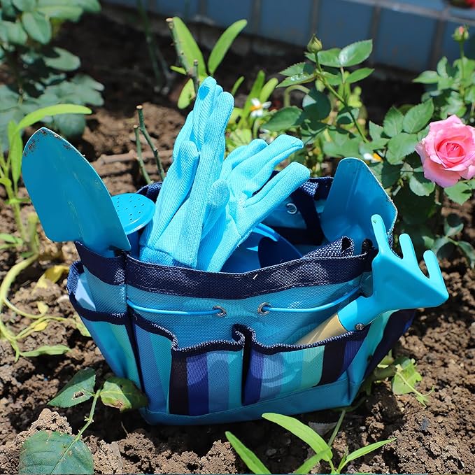 Kids Gardening Tools Set, Toddler Play Kit Child Outdoor Toy with Gloves, Watering Can, Metal Shovel, Rake, Spade & Storage Bag, Backyard Sand Digging Birthday for Boys Girls 3 4 5 (Blue)