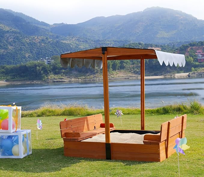 Wooden Kids Sandbox with Lid Sand Box with Cover for Outdoor with Canopy Ages 4-8, Sand Pit with 2 Foldable Bench Adjustable Roof Bottom Liner