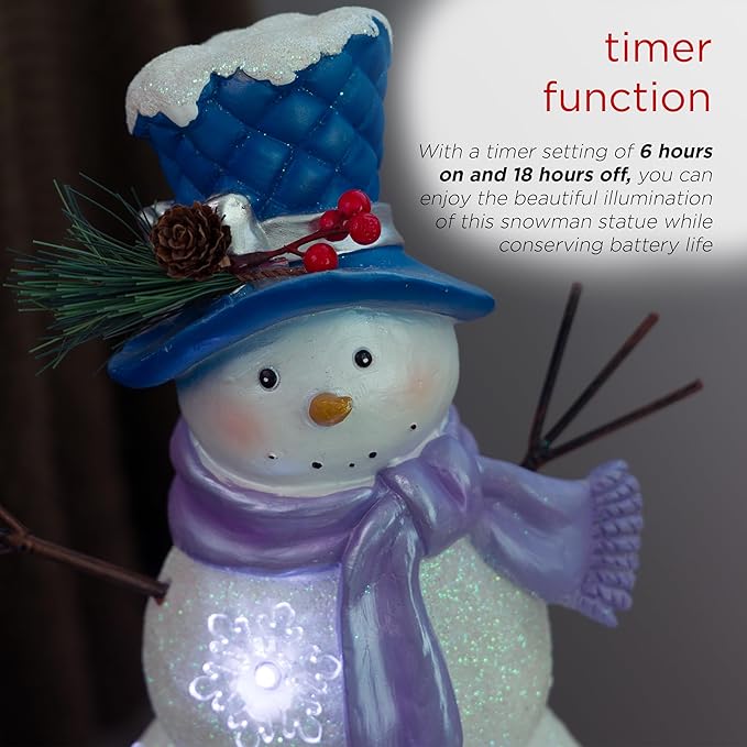 Alpine Corporation 14”H Lavender Winter "Let It Snow" Snowman Statue with Fading LED Lights, Christmas Decor