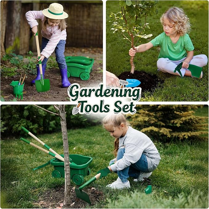 Kids Gardening Tools Set,15Pcs Wheelbarrow Set for Kids with Shovel, Rake, Leaf Rake,Summer Outdoor Backyard Farm Digging Weed Toys Beach, Sand, Garden Play Set Birthday Gift for Boys Girls