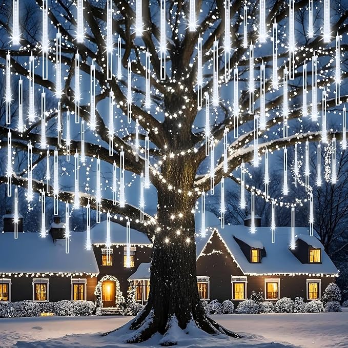 Christmas Lights Outdoor UL Certified 24 Tubes 576 LEDs (Equivalent to 3 Sets of 8 Tubes) Meteor Shower Light Falling Rain Drop Icicle Lights for Christmas Decorations Halloween Decor, White