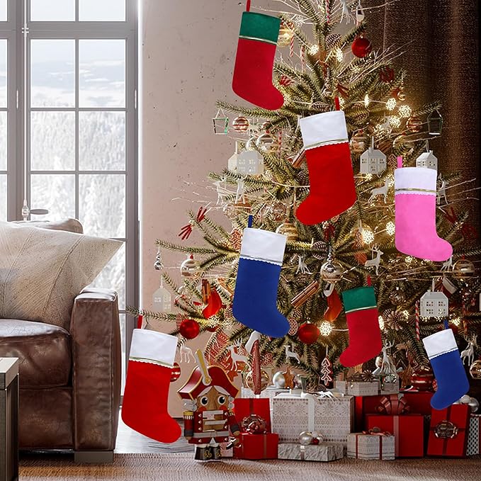 12Pack Felt Christmas Stockings, 19 Inches Pink and White Christmas Stockings Hanging Ornaments, White Cuff with Gold Trim Christmas Stockings for Family Christmas Holiday Decorations