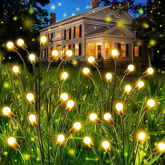 OZS 4 Pack Total 32 LED Solar Garden Lights Fairy Outdoor - Solar Firefly Lights Outdoor, Sway by Wind, Waterproof for Garden Patio Pathway Fairy Decoration (Warm White)
