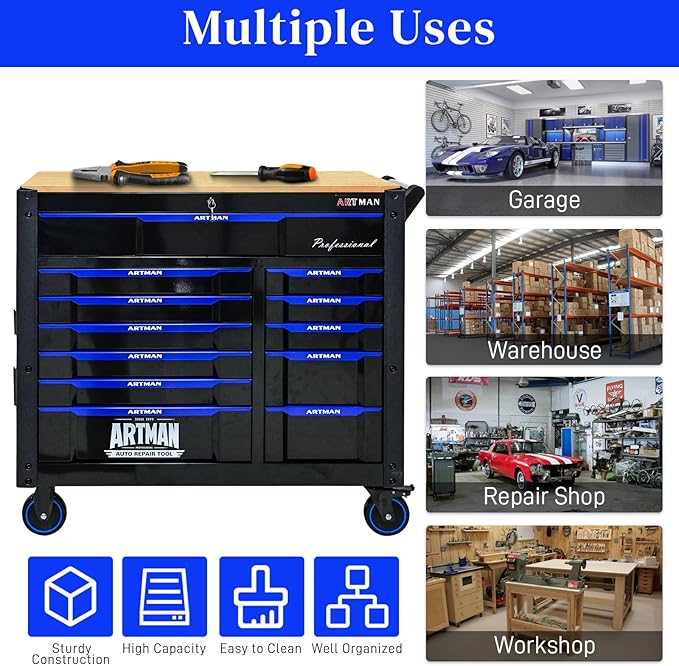 Rolling Tool Chest on Wheels, Heavy Duty Metal Tool Cabinet Chest with 12 Drawers, Wooden Workbench Top, Large Tool Cart for Warehouse, Garage, Workshop, Repair Shop, Tool Organizer Chest