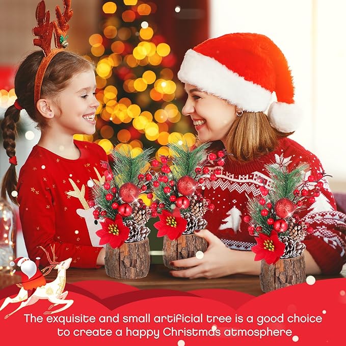 3 Pcs 11 Inch Christmas Tree Tabletop Artificial Mini Christmas Tree Decorations with Holiday Ornaments Pine Cone Berry Farmhouse for Fireplace Home Indoor Decor (Poinsettia)