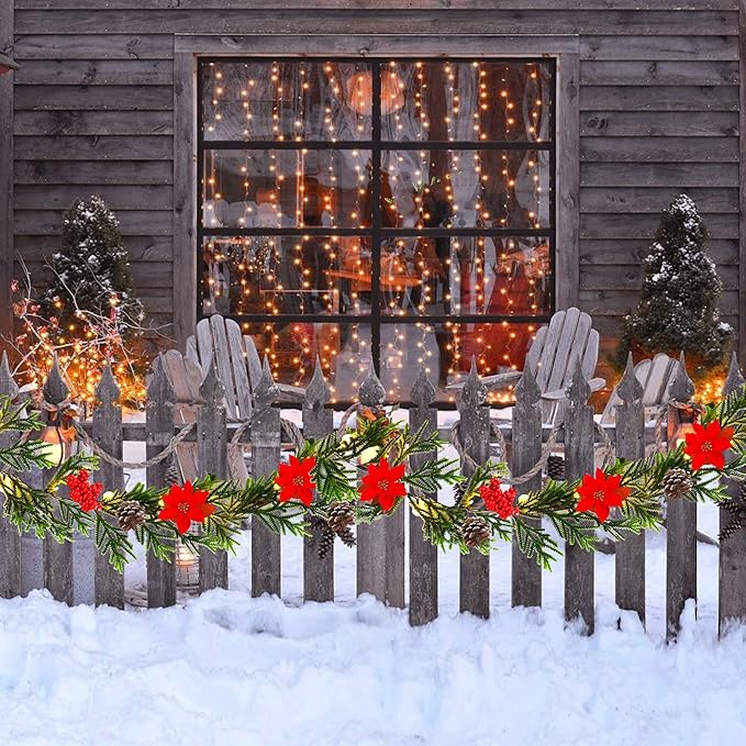 Juegoal Christmas Garland, 9 FT Pre-lit Artificial Xmas Flocked Garlands, Lighted Poinsettia Spruce Garland, Timer & Battery Operated with Lights, for Garden Home Winter New Year Decorations