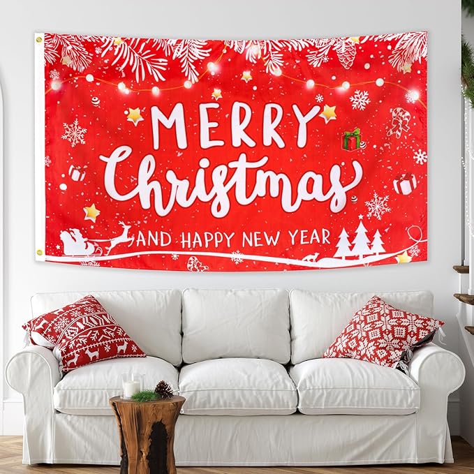 XIFAN Christmas Flag Double Sided 3x5 FT Outdoor, Large Merry Christmas and Happy New Year Banner with Snowman Christmas Tree, Gift Wall Winter Decoration