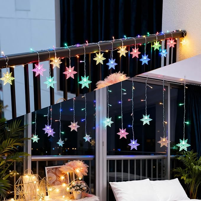 Vigdur Snowflake Christmas Curtain Lights, 13FT 96 LEDs Snowflake String Lights with Remote & 8 Flashing Modes Christmas String Lights for Holiday Wedding Party Home Decorations