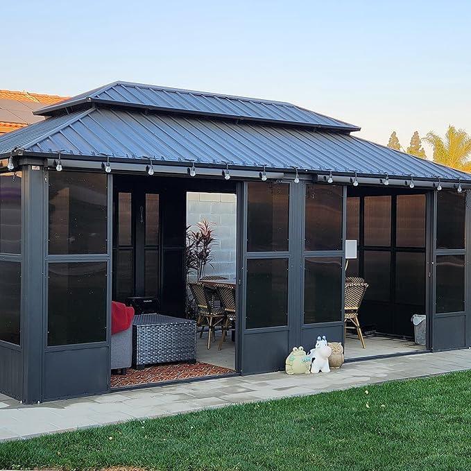 PURPLE LEAF 12' X 20' Sunroom with Light Permanent Hardtop Gazebo Solarium Galvanized Steel Double Roof Aluminum Outdoor Screen House for Patio Deck Backyard Grey