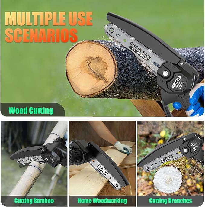 Mini Chainsaw Cordless, 6 Inch Chain Saw Cordless, 700W Powerful Electric Handheld Chainsaw, with 2 Batteries and 2 Chains, Tree Trimmer Gardening Tools Gift for Men, Father, Dad