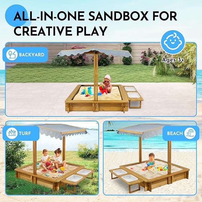 Sandbox with Lid, Outdoor Wooden Kids Sand Box with Adjustable Canopy & Two Toy Basins, Sandbox with Cover for Backyard, Beach, Gift for Kids Aged 2-8, Bottom Liner & UV-Resistant, 45''
