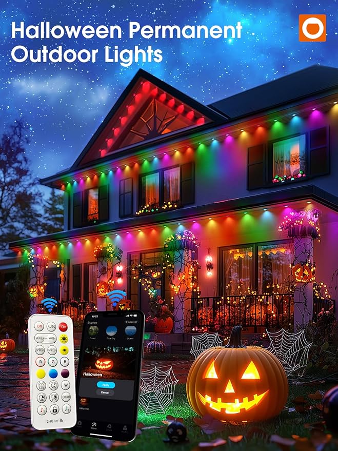 addlon Permanent Outdoor Lights, 100FT with 50 Dual-LED, Cuttable & Extendable, Remote & App Control RGB Eave Light, IP67 Waterproof Outdoor Lighting for House, for Halloween Décor, Christmas Light