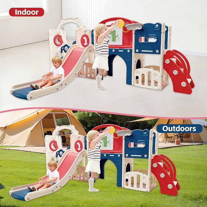 12 in 1 Outdoor Toddler Playsets with Slide Toddlers Playground and Swing Set Indoor Climber Tunnel Playset Play Equipment with Basketball Hoop for Backyard