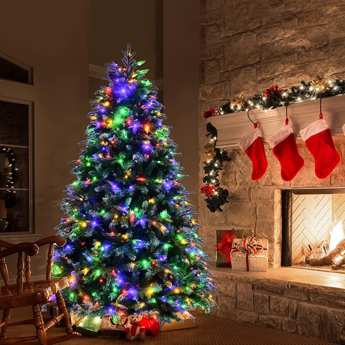 GOFLAME 6ft Pre-Lit Artificial Christmas Tree, Realistic Xmas Tree w/ 899 Branch Tips, 350 Multi-Color LED Lights, 35 Pinecones & Red Berries, Pine Tree w/ 11 Flash Modes for Holiday Decoration, Green