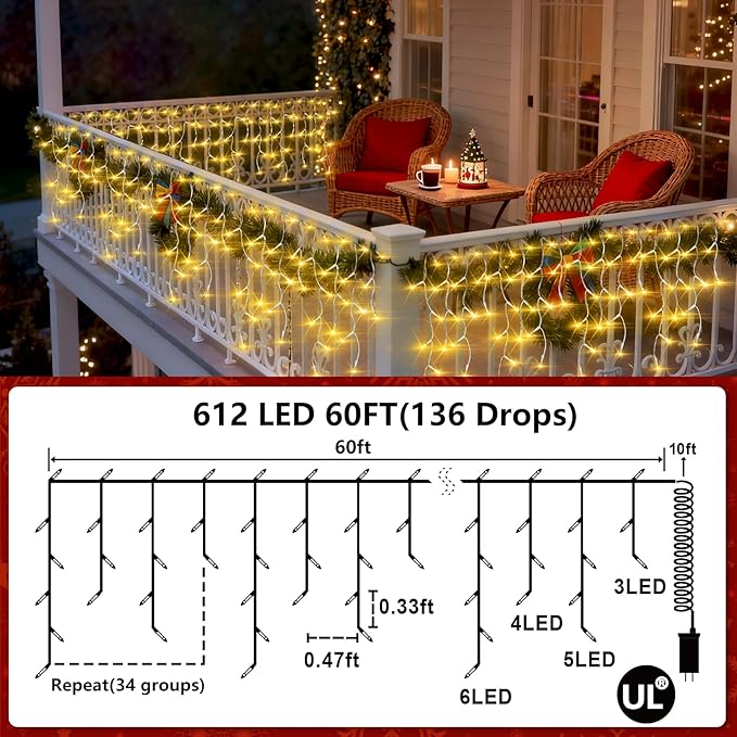 612 LED String lights Indoor Outdoor, 60ft Christmas Window Lights with 136 Drops 12 Modes, Dimmable Curtain Lights, Fairy Lights for Bedroom Holiday Wedding Party Home Xmas Decorations, Warm White