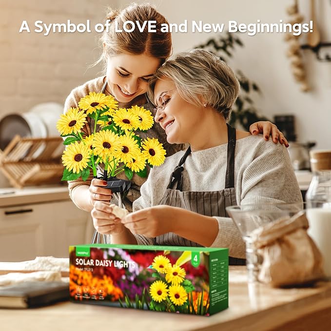 4 Pack Outdoor Solar Garden Lights with 16 Glowing Daisy Flowers & Stems, Waterproof Solar Flowers Lights for Outside Yard Patio Decor