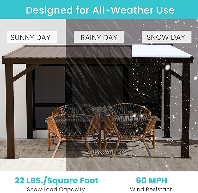 Domi 10' x 12' Lean to Gazebo, Wall Mounted Gazebos Pergola with Built in Drainage System, Galvanized Steel Roof, Hardtop Patio Shelter for Deck, Porch, Backyard and More,Brown