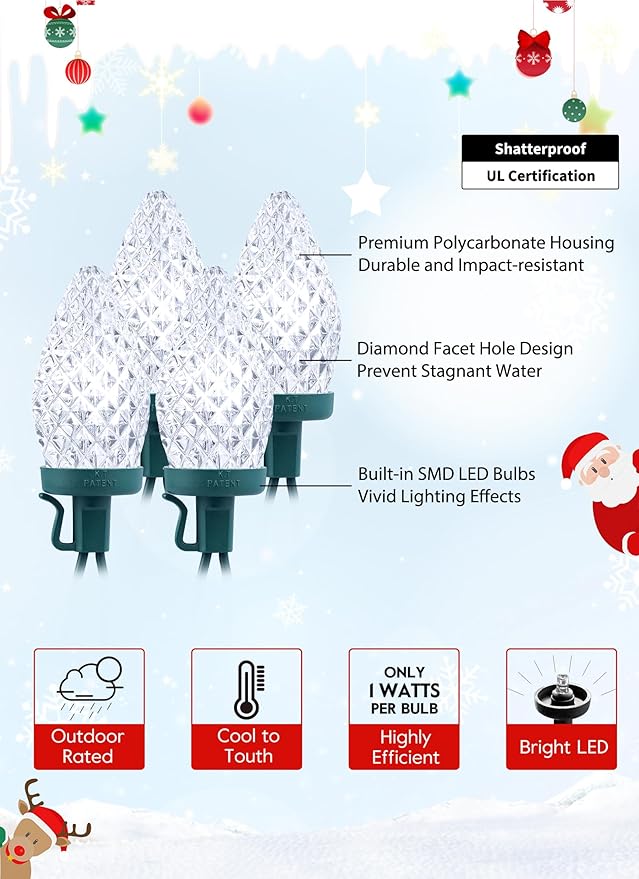 C9 LED Christmas Lights Outdoor, 81 Feet 100 LED String Lights With Timer & 8 Lighting Mode, Waterproof Commercial Grade Extendable for Indoor Outside Roofline Patio Home Xmas Decoration, Pure White