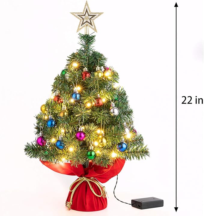 Sunnyglade 22Inch Tabletop Christmas Tree Mini Artificial Christmas Tree with 30 LED Lights & 24 Pcs Xmas Ball for Table Top Desk Classic Series Holiday Decoration (Green)