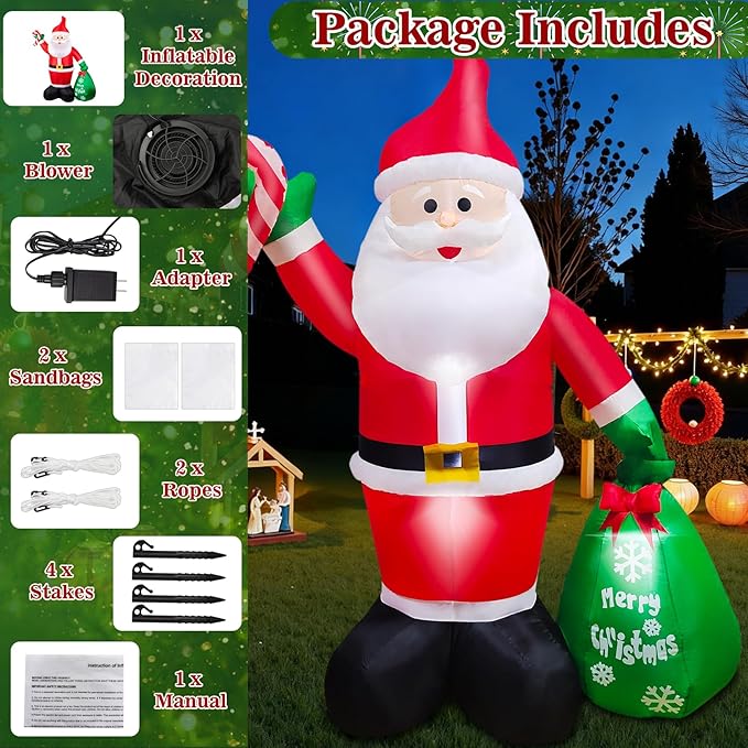8 FT Christmas Inflatable Santa Claus Outdoor Decorations, Durable Blow Up Santa Claus with Gifts Bag, Built-in LED Light, Xmas Outside Decor for Garden Patio Lawn Home Indoor Winter Holiday Party