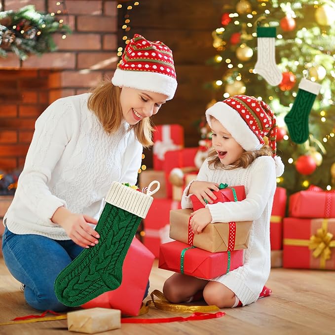 Personalized Christmas Stockings 18 Inches Large Size Cable Knitted Stocking Gift and Decorations for Holiday Family Xmas Party (Green and White, Pack of 2)