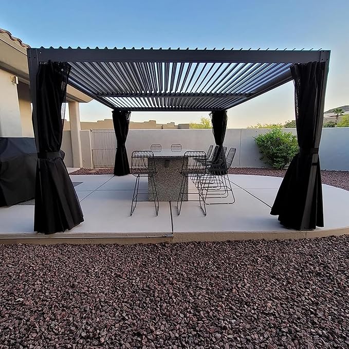 Domi 12x16FT Louvered Pergola, Full Aluminum Pergola with Adjustable Louvered Roof, Outdoor Pergola with Waterproof Curtains and Netting, Gray