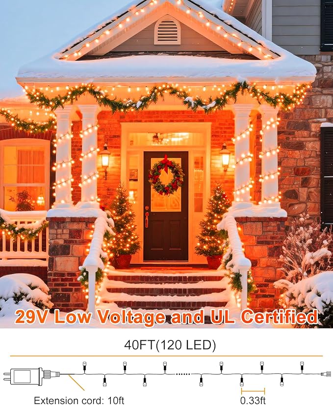 40FT 120 LED Christmas Lights Outdoor, Orange Christmas String Lights Waterproof, 8 Modes Connectable Christmas Tree Lights for Indoor Bedroom Xmas Tree Garden Holiday Decorations