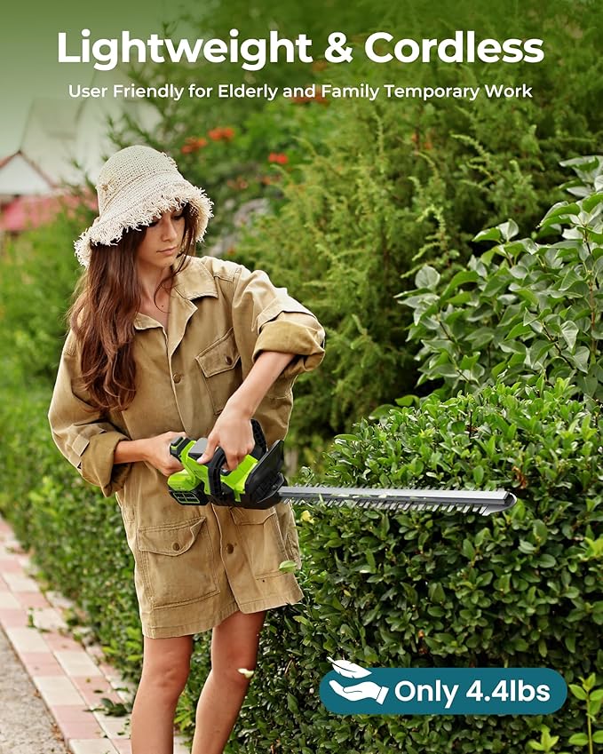 20'' Hedge Trimmer Cordless with 2pcs 4000mAh Battery, Electric Handheld Bush Clipper with Rechargeable Batteries, 3000RPM 180¡Æ Rotatable Head, 2/3'' Blade Gap Green
