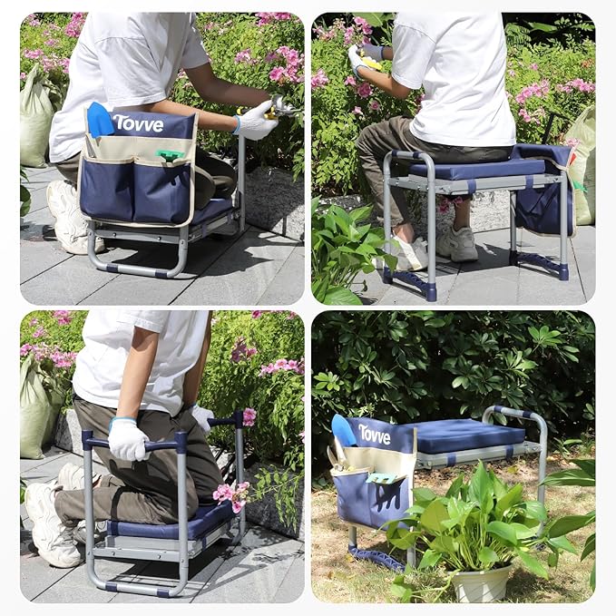 Foldable Garden Kneeler and Seat, Heavy Duty Garden Stool with 10 Wide Detachable Kneeling Pad, Portable Garden Bench Chair with Large Garden Tool Bag, Gardening Gifts for Women, Seniors, Mom