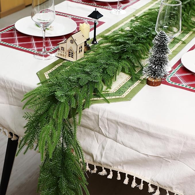 2 Pcs 6 Ft Artificial Norfolk Cedar Pine Garlands, Real Touch Winter Pine Garland, Green Artificial Greenery Garland for Table, Mantle, Wall, Indoor, Outdoor Christmas Decorations
