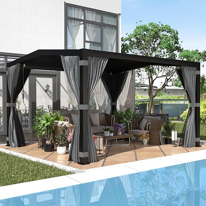 EROMMY Louvered Pergola 11' x 13' Outdoor Hard Top Mansard Roof Gazebo with Aluminum Frame and Adjustable Metal Rainproof Roof for Garden & Patio, Curtains and Netting Included, Gray-Black