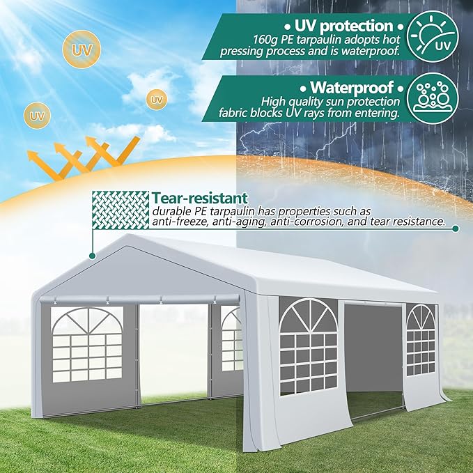 GARTOO 20' x 20' Canopy Party Tent & Carport - Heavy Duty Outdoor Wedding Gazebo with 4 Sand Bags, Event Shelter Canopy for Outdoor Event, Wedding, Birthday Party