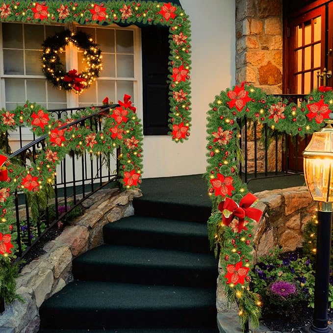 Christmas Garland,Christmas Garland with Lights,Xmas Decor,9 ft Rattan Artificial Flower Vine Plants Xmas Decorations for Indoor Outdoor Home Mantel Fireplace Stairs