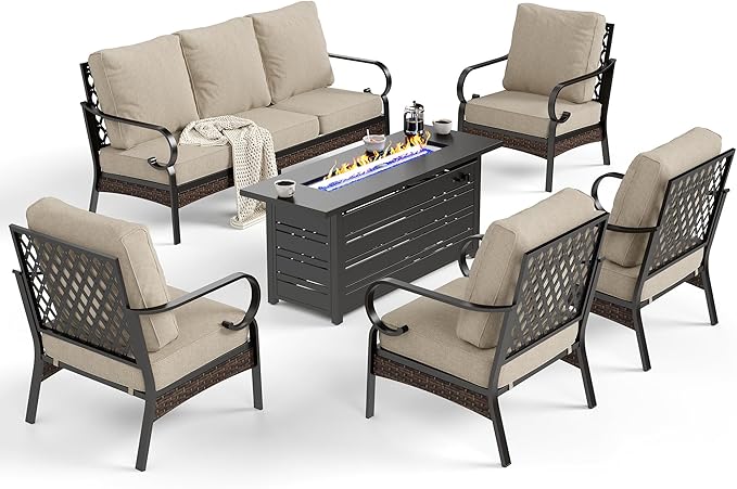 6 Piece Black Metal Outdoor Patio Furniture Sets with Firepit Table, Patio Conversation Sets 1 3-Seater Sofa, 4 Single Sofa with 5.75" Thick Cushion Backyard Furniture for Deck, Beige