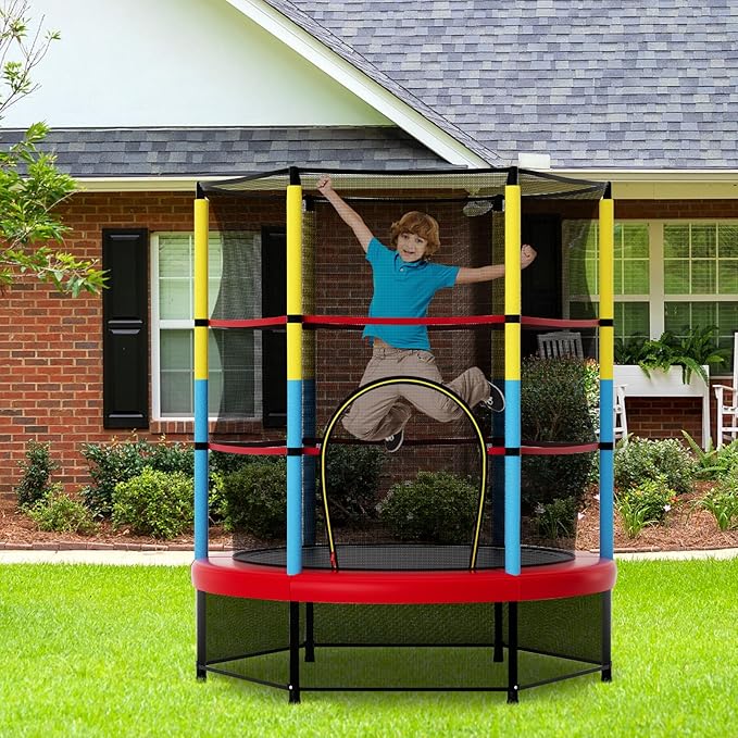 Goplus 55¡± Trampoline for Kids, ASTM Approved Toddler Trampoline w/Enclosure Safety Net, Bouncy Jumping Mat, Seamless Design, Indoor Outdoor Mini Recreational Rebounder for Boys Girls