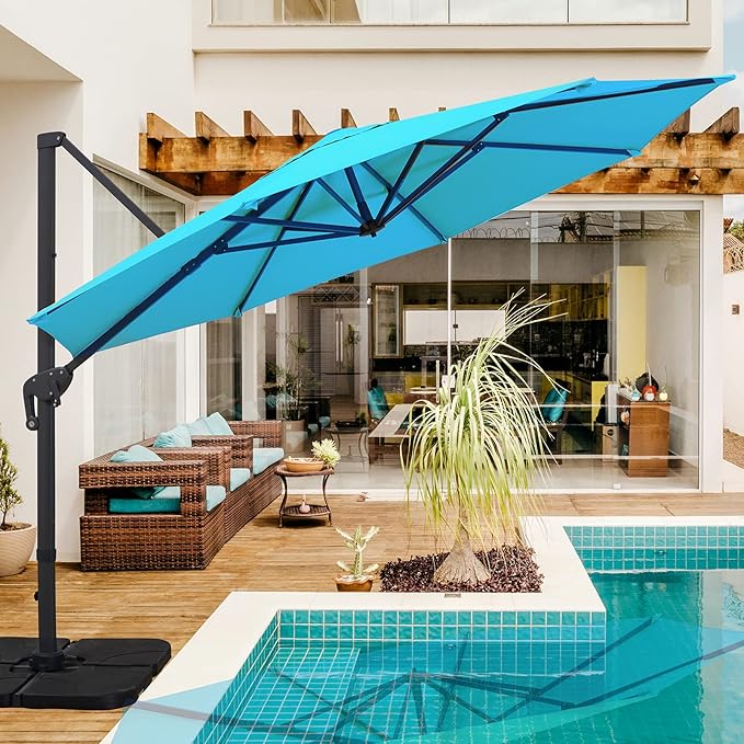 Sunnyglade 11Ft Cantilever Patio Umbrella Deluxe Offset Umbrella 360°Rotation & Integrated Tilting System Heavy Duty Patio Hanging Umbrella for Market Garden Deck Pool Backyard Patio (Blue, 11 ft)