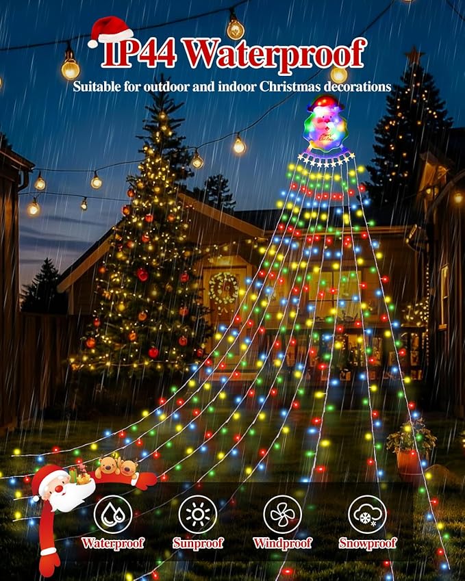 Christmas Decorations Outdoor String Lights - 335 LED 11.48ft 9 Strands Waterfall Tree Lights with Topper, 8 Lighting Modes Christmas Lights Indoor Decorative for Wedding Yard Party Home