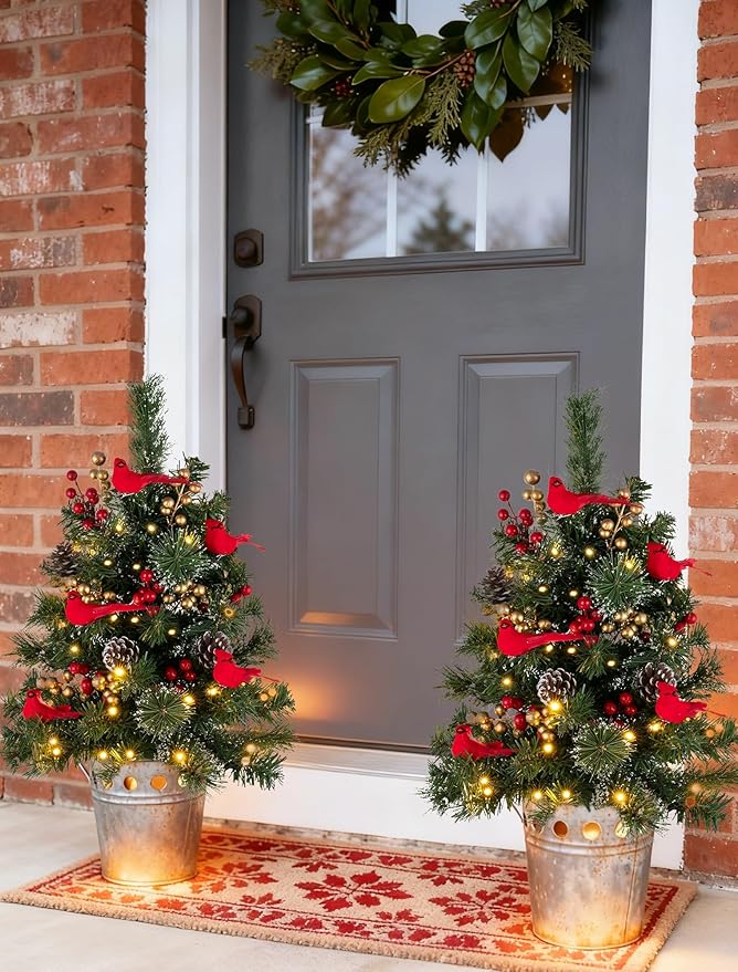 BLOSMON Outdoor Christmas Tree for Porch: 2 Sets 24 Inch Timer Prelit Planter Bushes with 10 Red Cardinals - Remote 60 Lights 8 Modes - Small Pot Urn Filler for Front Door Pathway Yard Decor