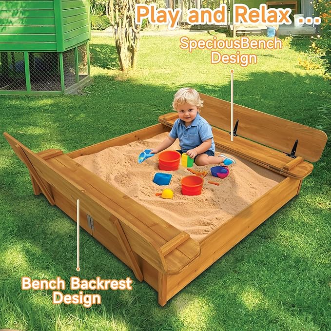 Wooden Sandbox with Cover, 48x48 Inch Large Outdoor Sand Box for Kids Ages 4-8, Cedar Wood Sandpit with Foldable Bench Seats & Bottom Liner