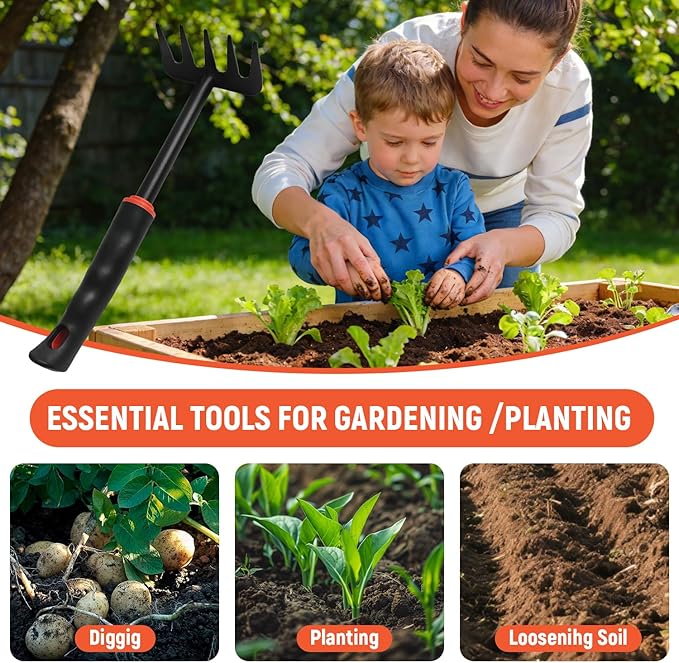 Small Garden Rake, Hand Rake & Cultivator Tool with Non-Slip Handle ? Hand Weeder for Weeding, Tilling Soil, Planting