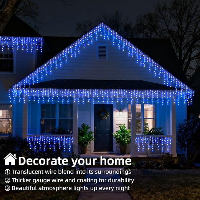 Christmas Outdoor Icicle Lights - 480 LED 66+33 FT 8 Modes Curtain Fairy String Light Plug in, Waterproof for Eaves Yard Holiday Xmas Holiday Indoor Outdoor Decoration - Blue White