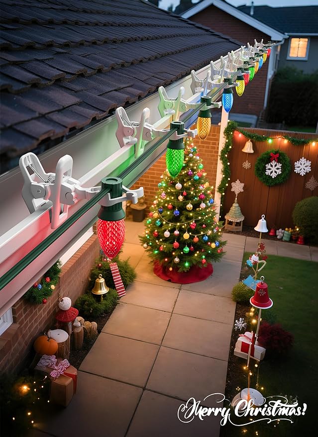 C7 C9 Christmas Lights Clips, 25 Count Holiday Lights Quick Spring Clips, Shatterproof Shingle and Gutter Clips for E12, E17 Socket, Rope Lights Roofline Fence Railing Mantel Christmas Trees, White